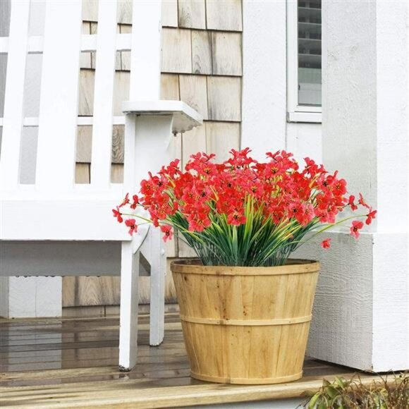 12 Bundles Outdoor UV Resistant Fake Flowers for Garden (Deep Red) - Picture 3 of 7